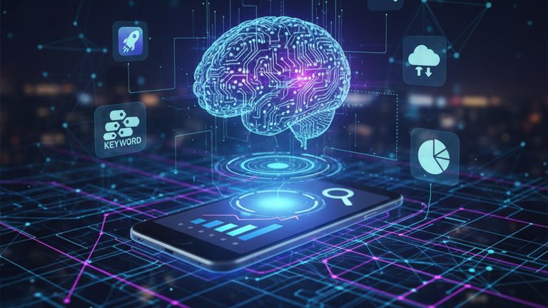 AI-powered technical SEO tools dashboard showing keyword density checker, backlink analyzer, and server status monitor in 2026