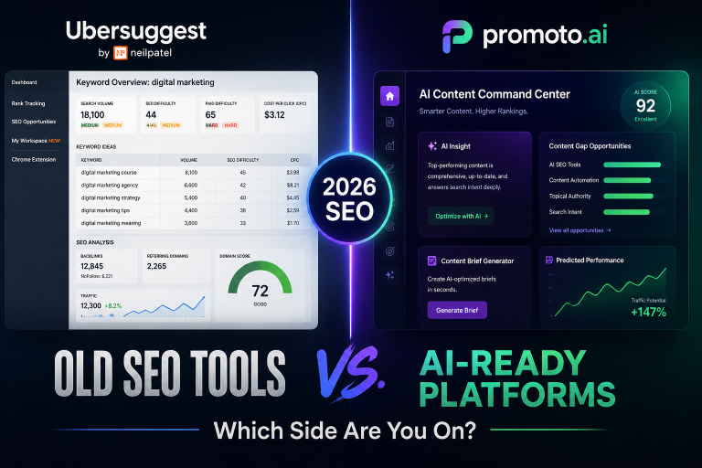 Promoto AI vs Ubersuggest comparison showing AI SEO platform features for GEO, AIO, and content optimization in 2026