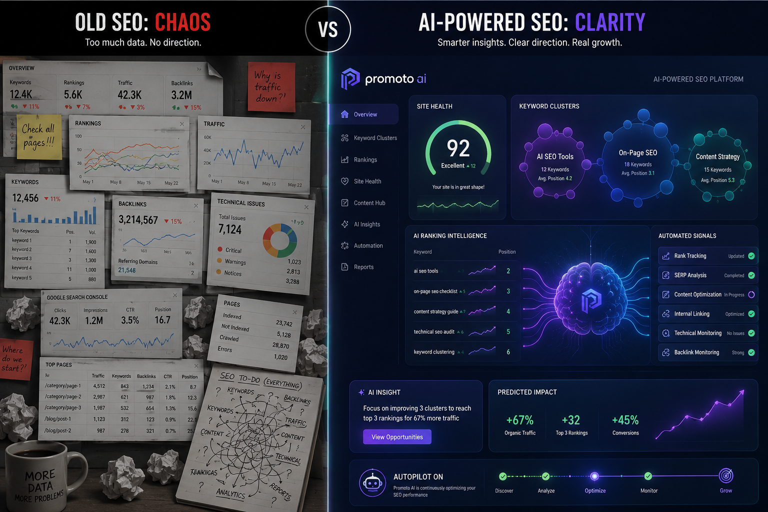 AI-driven SEO strategies dashboard showing keyword research, site audit, and backlink tools for 2026