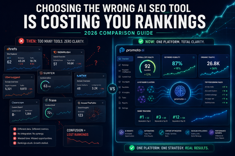 Comparison of Promoto AI vs Surfer SEO, Jasper AI, Frase, and SEMrush for AI-powered SEO and content optimization in 2026.