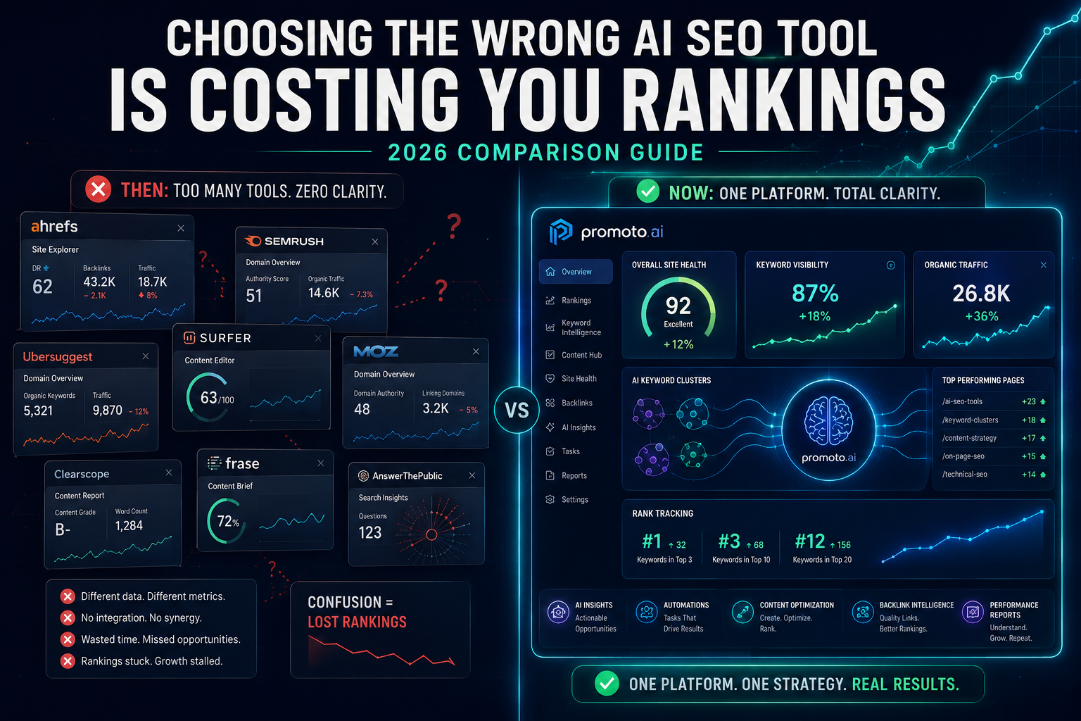 Comparison of Promoto AI vs Surfer SEO, Jasper AI, Frase, and SEMrush for AI-powered SEO and content optimization in 2026.