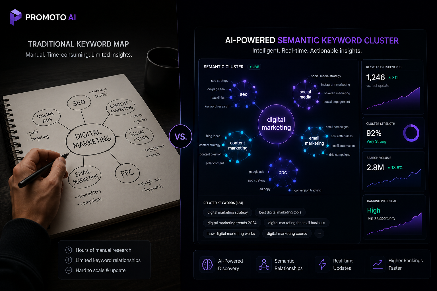AI-driven SEO dashboard showing keyword research, site audit, and backlink tools for 2026 SEO strategy