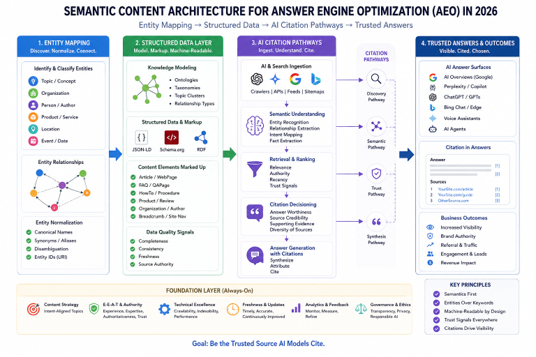 Semantic content architecture diagram showing entity mapping, structured data, and AI citation pathways for answer engine optimization in 2026