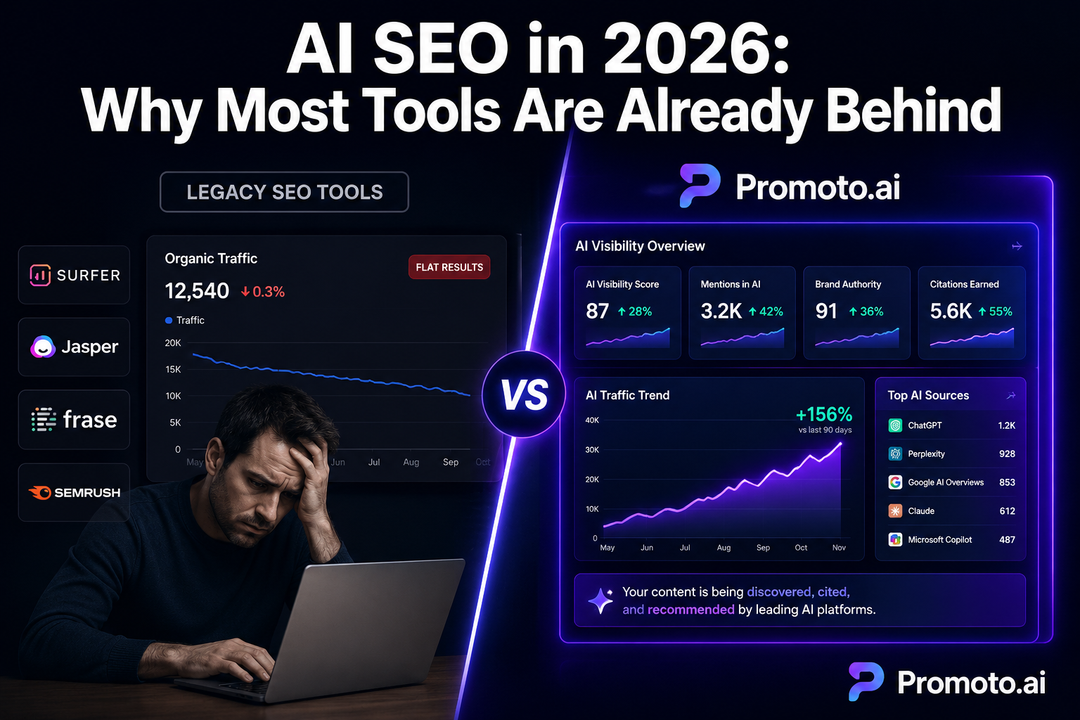 Comparison of AI SEO tools in 2026 — Promoto AI vs Surfer SEO, Jasper AI, Frase, and SEMrush for AI-driven content optimization and search visibility