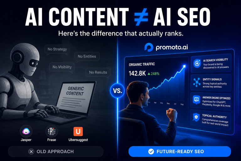 Comparison of AI writing tools vs AI SEO platforms showing what most tools miss about search optimization in 2026