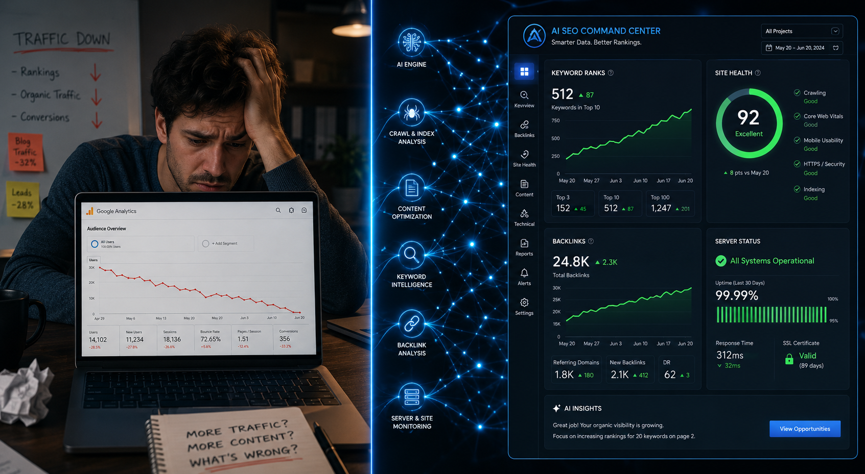 AI-driven SEO dashboard showing keyword research, site audit, backlink analysis, and server status tools improving search rankings in 2026