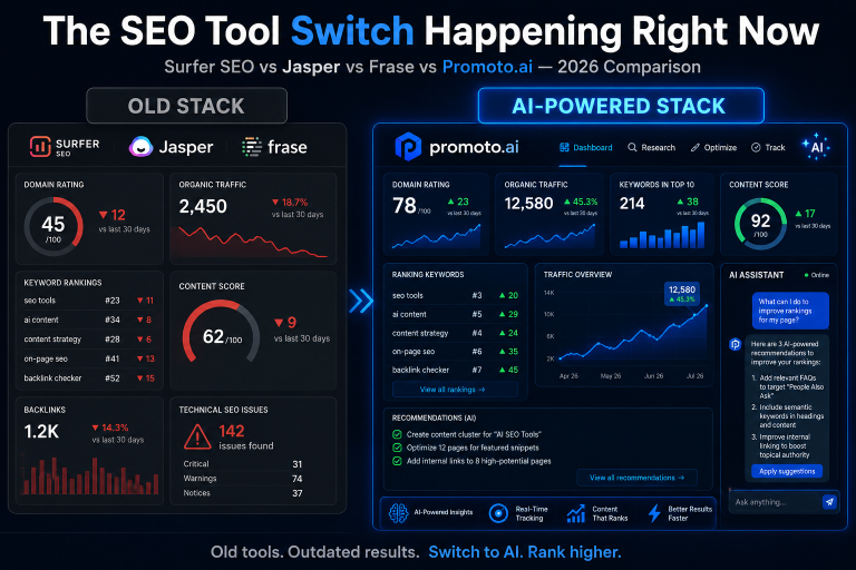 Comparison of AI SEO tools in 2026 — Surfer SEO alternatives including Promoto AI, Jasper AI, Frase, and SEMrush for AI-powered content optimization and search visibility