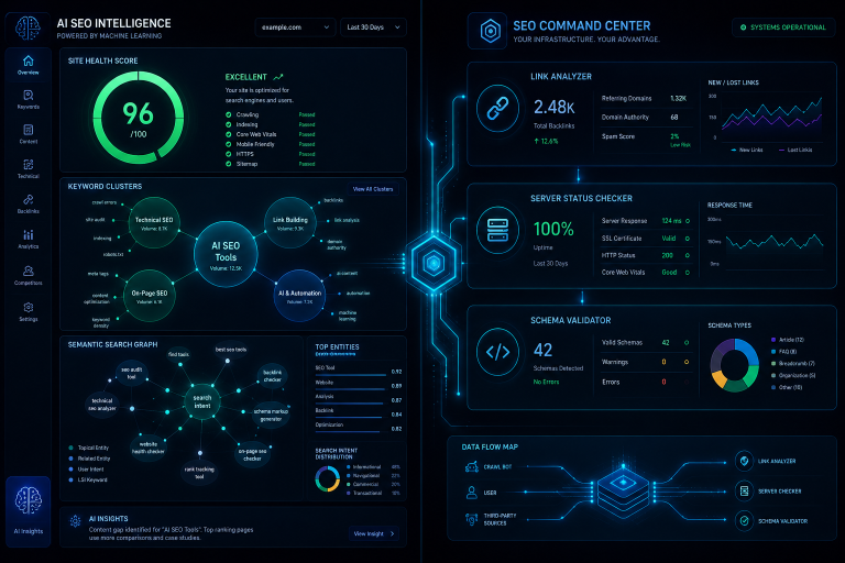 AI-driven SEO dashboard showing keyword research tools, site audit score, link analyzer, and server status checker for 2026