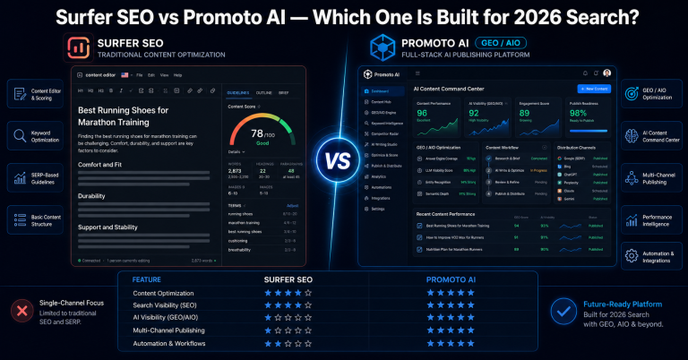 Surfer SEO vs Promoto AI comparison showing AI content optimization, GEO, and publishing features for SEO teams in 2026