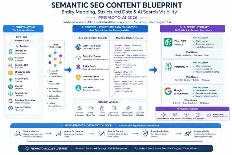 Semantic SEO content blueprint diagram showing entity mapping, structured data, and AI search visibility across ChatGPT, Perplexity AI, and Google AI Overviews — Promoto AI 2026
