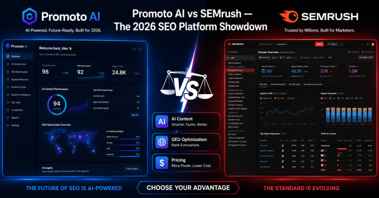 Promoto AI vs SEMrush comparison showing AI content optimization, GEO, keyword research, and SEO automation features for digital marketers in 2026