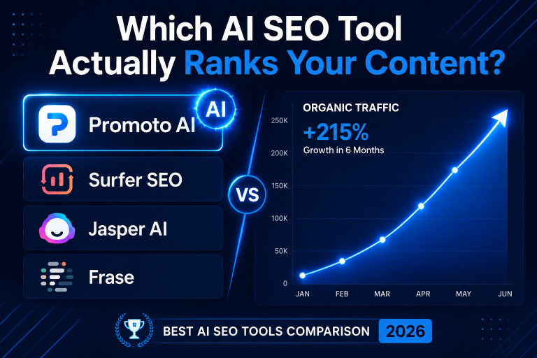 Promoto AI vs Surfer SEO vs Jasper AI vs Frase — best AI SEO tools comparison 2026